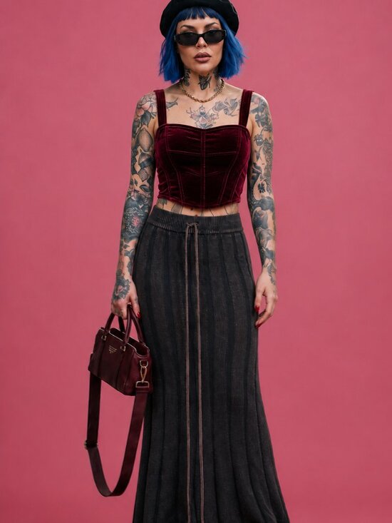 Darker Wavs Dresses & Skirts - Ribbed Drawstring Washed Maxi Waffle Knit Skirt